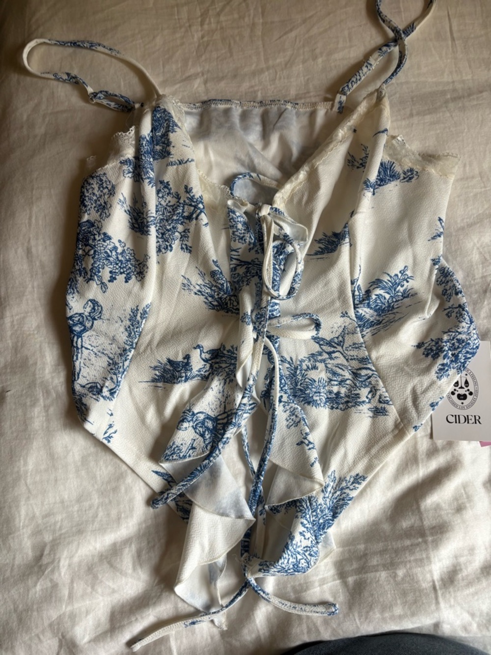 Cider Blue & White Toile Lace-Up Ruffle Camisole